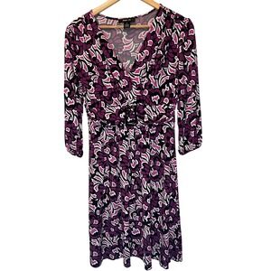 Style Co Womens Travel Dress Purple Pink Floral Small 3/4 Sleeve Cinched Waist